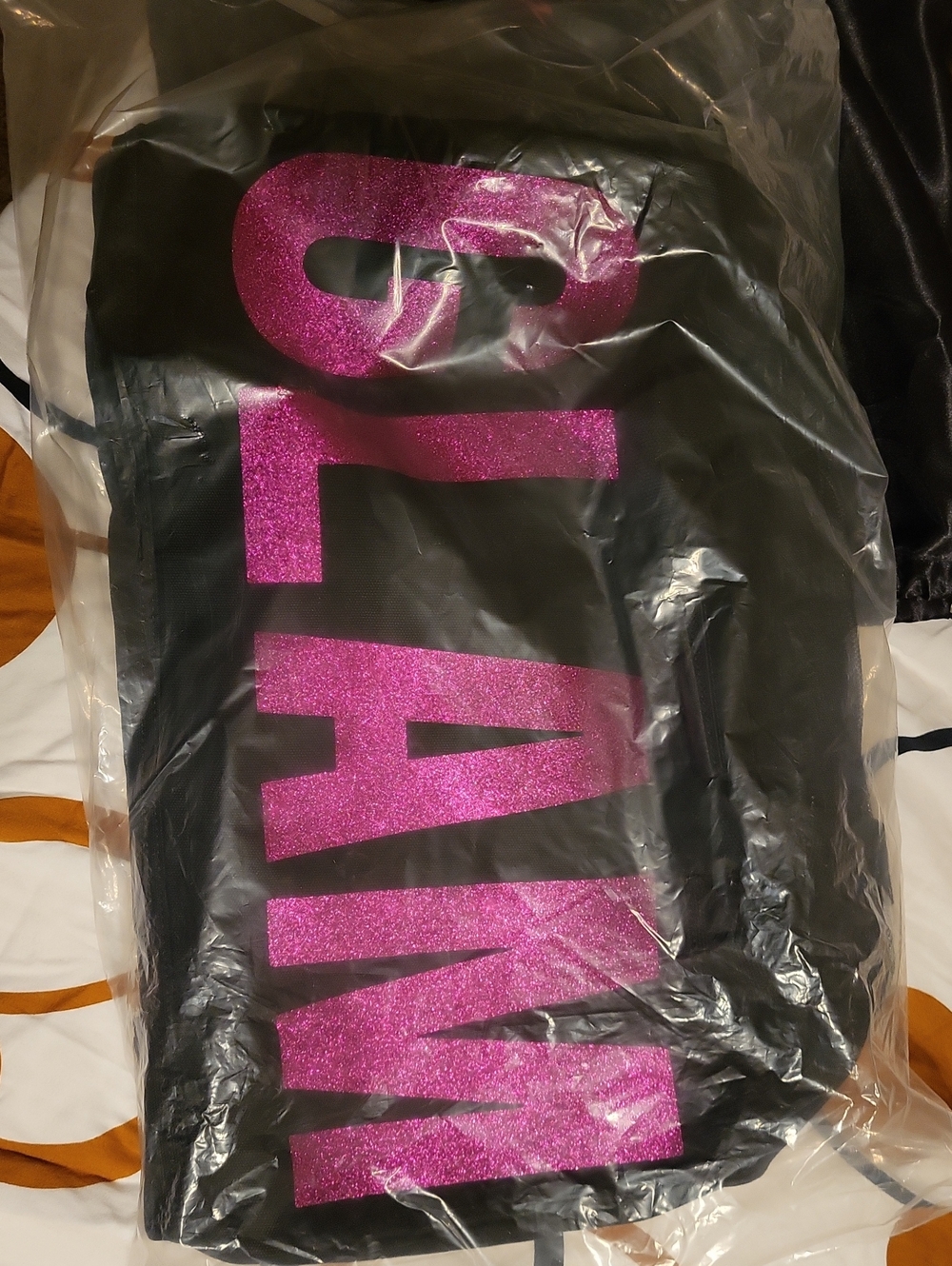 Black Travel Tote with Pink Glitter 'GLAM' Lettering